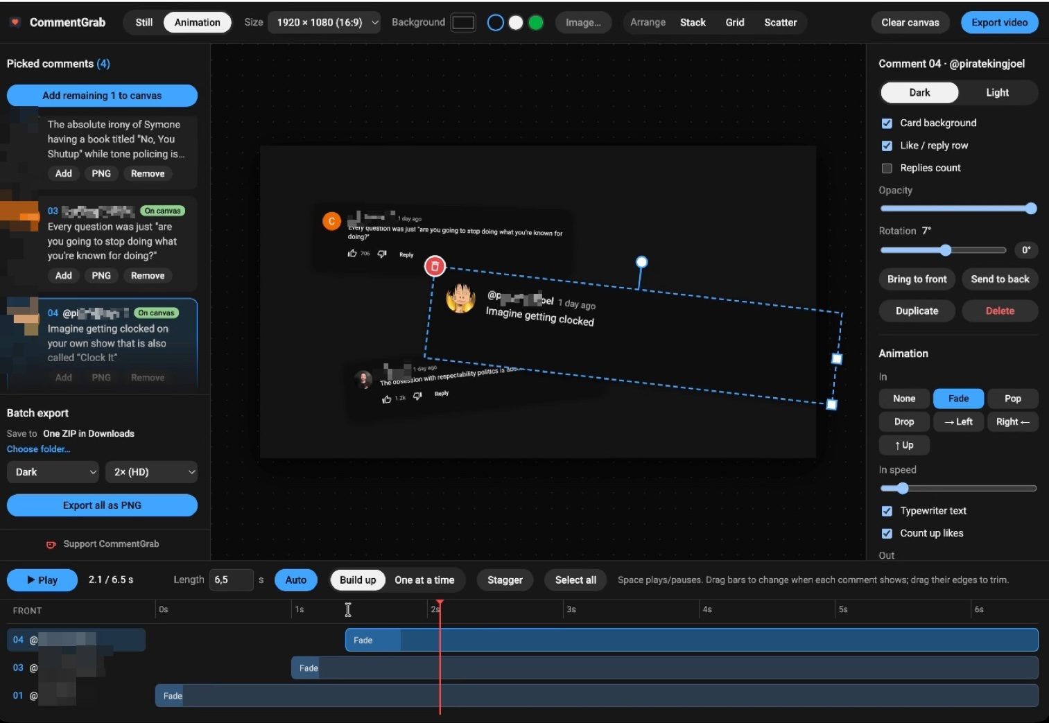 CommentGrab in Animation mode. The canvas shows three comments, one selected and rotated. The right-hand panel sets its style and animation, with Fade chosen and Typewriter text and Count up likes ticked. Along the bottom a timeline with one row per comment and a red playhead at two seconds.