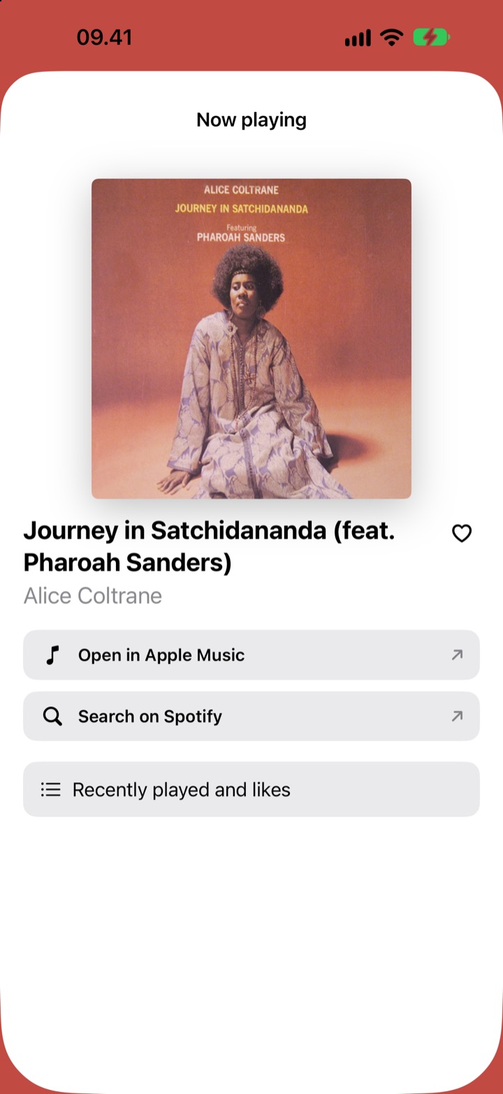 A white sheet over the app titled Now playing. It shows the album cover of Alice Coltrane's Journey in Satchidananda, the song and artist name, a heart, and three buttons: Open in Apple Music, Search on Spotify, and Recently played and likes.