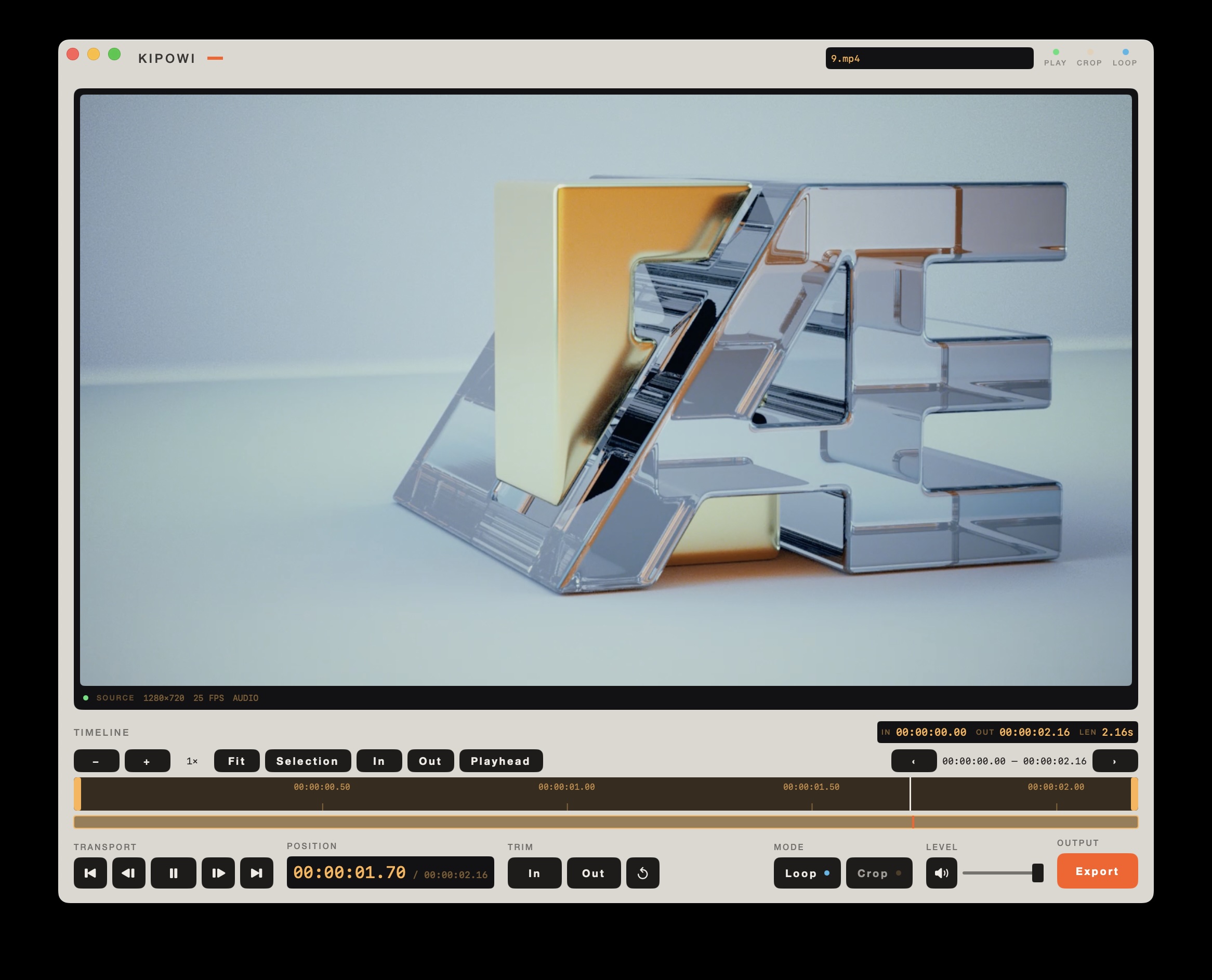 The Kipowi window playing a clip of a chrome and gold letterform. The source line under the picture reads 1280x720, 25 FPS, AUDIO. Below it a timeline row with minus, plus, a 1x zoom readout, and Fit, Selection, In, Out and Playhead buttons, then the timeline itself with an overview strip beneath, and a row of labelled controls along the bottom for transport, position, trim, mode, level and export.