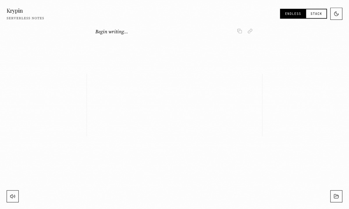 Krypin in endless mode: an empty page with the prompt 'Begin writing...' and nothing else on screen.