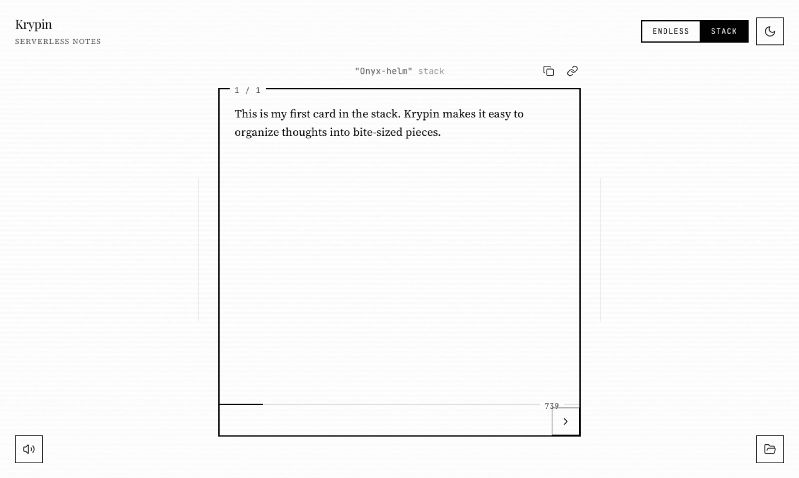 The Krypin interface: a single writing card in stack mode with the text 'This is my first card in the stack', a copy and link button above it, and Endless and Stack mode toggles top right.