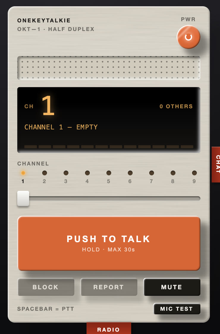 The OneKeyTalkie unit: a cream plastic chassis with a power button, a speaker grille, a black display reading CH 1, 0 others, CHANNEL 1 — EMPTY, nine channel lamps with a slider under them, a large orange PUSH TO TALK key, and Block, Report, Mute and Mic Test keys.