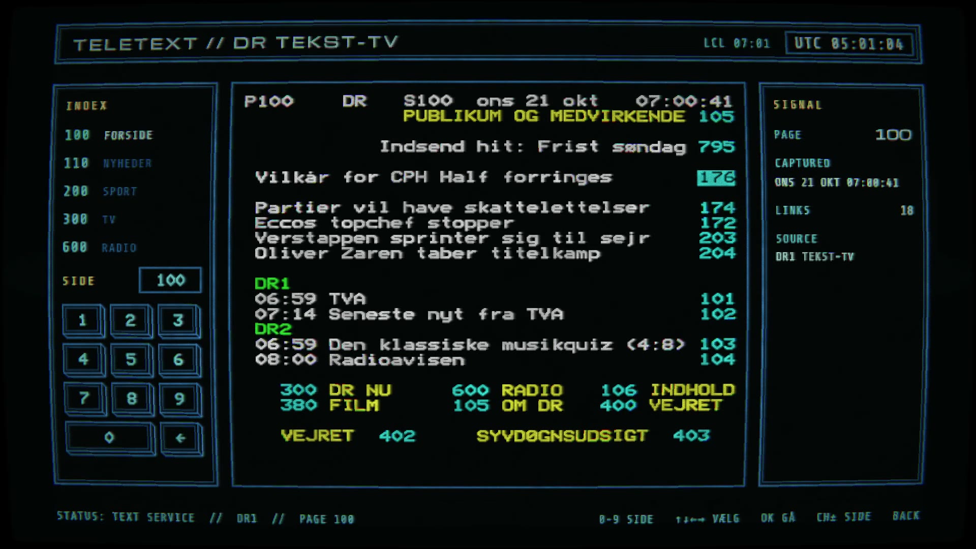 The teletext screen showing DR Tekst-TV page 100 in a blocky teletext font: yellow headlines, white news lines with cyan page numbers, green channel names and a TV listing. Page 176 is highlighted. On the left an index of sections and a number pad drawn as outlined keys; on the right the page number and when DR captured it.