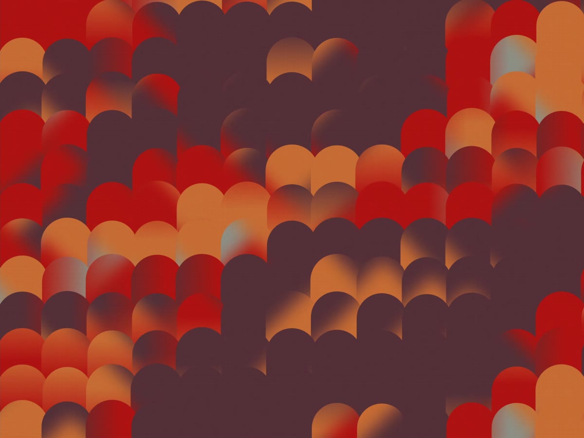 A dense field of red, orange and dark plum arch-shaped lenses, each shaded across its width, stacked like roof tiles.
