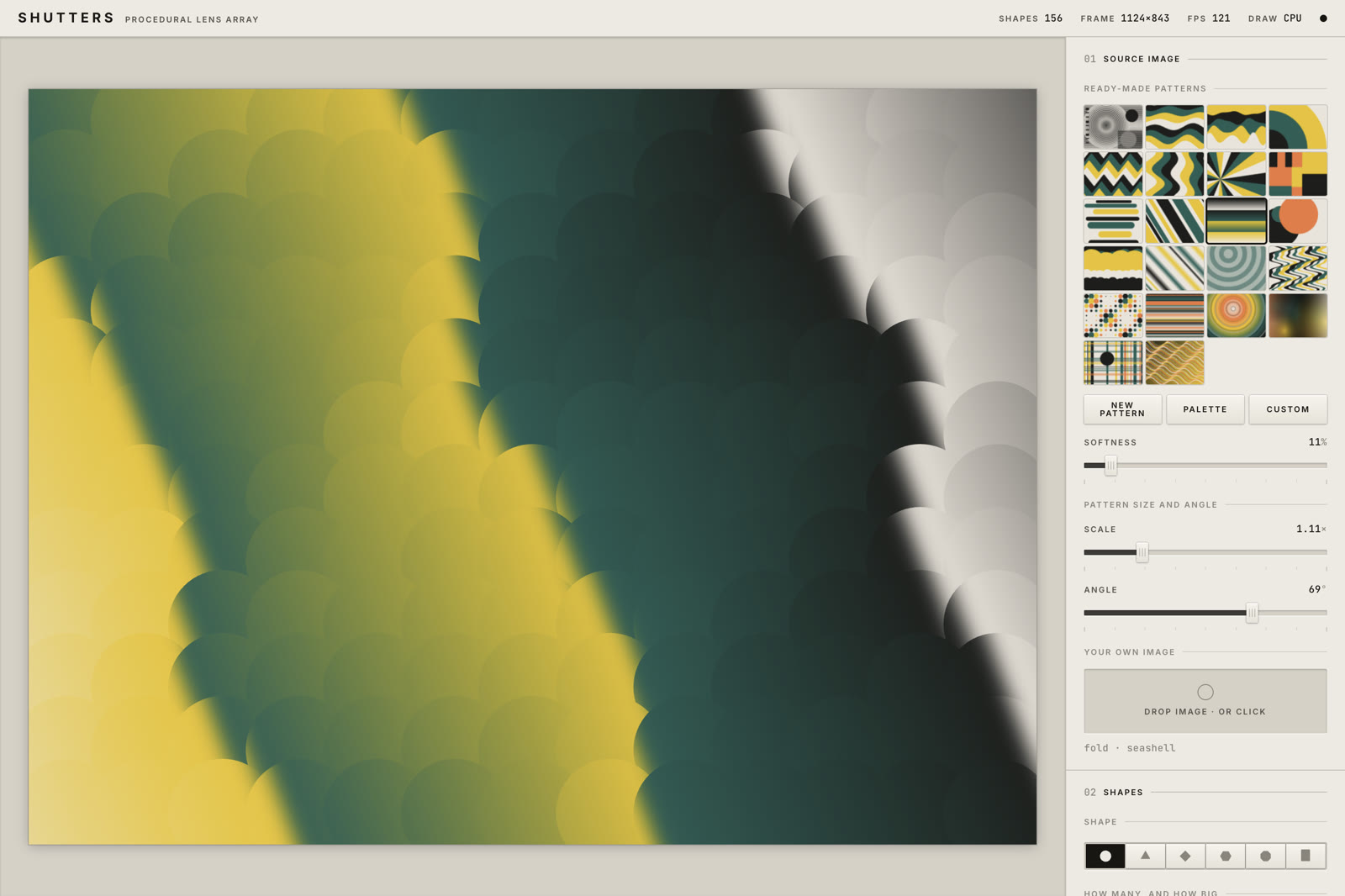 The Shutters interface: a large stage showing a yellow and dark green diagonal band broken into overlapping circular lenses, and a control panel on the right with a grid of pattern thumbnails, New pattern, Palette and Custom buttons, and sliders for softness, scale and angle.