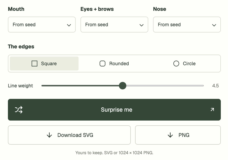 The Wonkyfolks controls: menus for mouth, eyes and brows and nose, a square, rounded or circle edge choice, a line weight slider at 4.5, a Surprise me button, and Download SVG and PNG buttons.