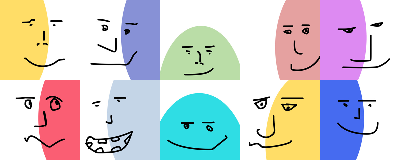 The ten original Wonkyfolks drawings in two rows: simple line faces with eyes, brows, noses and mouths drawn in black over coloured shapes in yellow, lilac, green, pink, violet, red, pale blue, cyan and blue.
