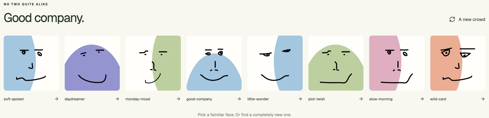 The Good company row on the Wonkyfolks site: eight avatars named soft-spoken, daydreamer, monday-mood, good-company, little-wonder, plot-twist, slow-morning and wild-card, with a button for a new crowd.