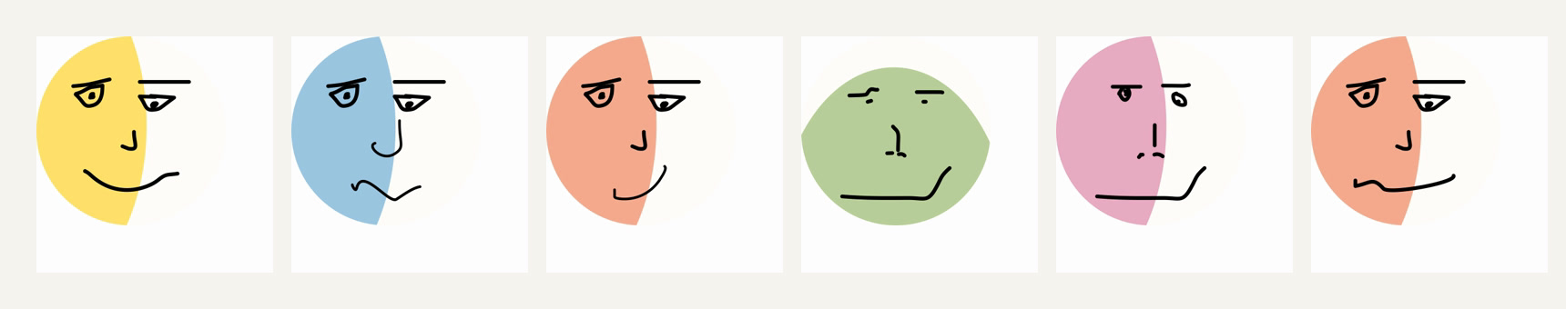 Six circular Wonkyfolks avatars in a row, each mixing features from different drawings in different colours.