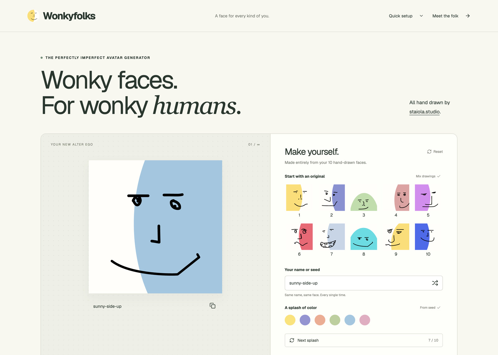 The Wonkyfolks site. Under the heading 'Wonky faces. For wonky humans.', a large avatar with a pale blue splash, round eyes, an L-shaped nose and a wide smile, named sunny-side-up. Beside it the controls: the ten original drawings to start from, a name or seed field, and six colour swatches.