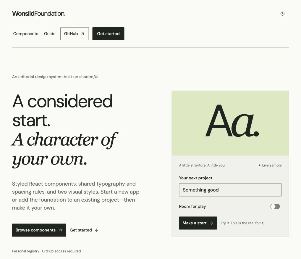 WonsildFoundation landing page with editorial typography, an olive lettering sample and interactive form controls.