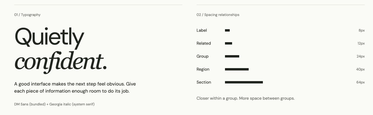 Editorial typography sample beside five spacing roles: label, related, group, region and section.