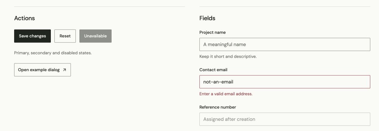 Buttons and form fields showing default, invalid and disabled states in the Editorial style.