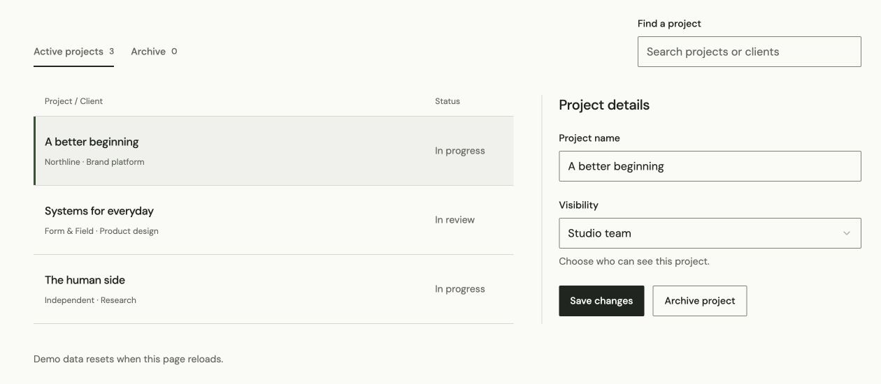 A searchable project list with a selected row and a project-details form with save and archive actions.