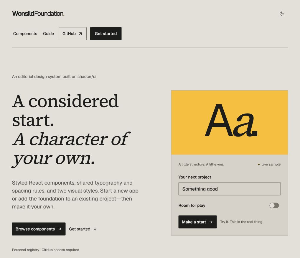 WonsildFoundation landing page in Stone, with serif headings, warm neutral surfaces and a yellow accent.