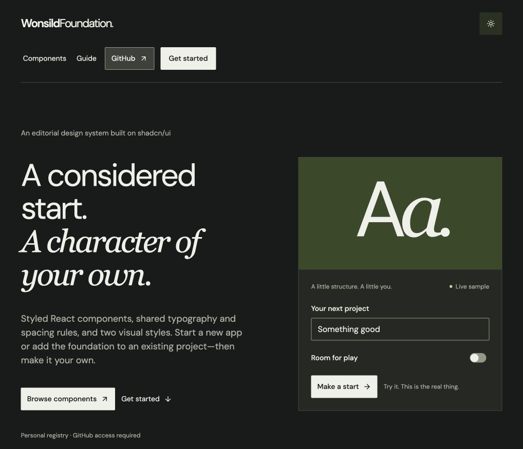 WonsildFoundation landing page in dark mode, with pale text, charcoal surfaces and an olive sample.